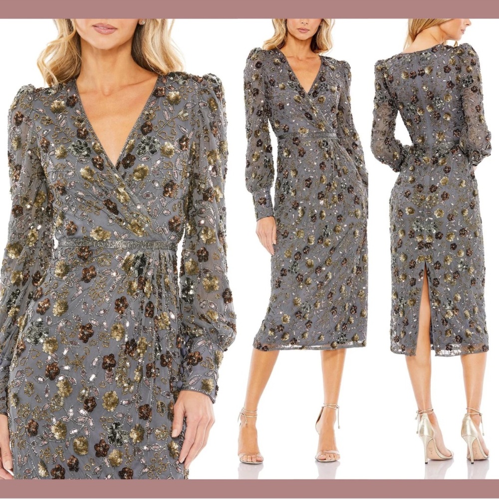 Mac Duggal Gray Floral Long Sleeve Dress